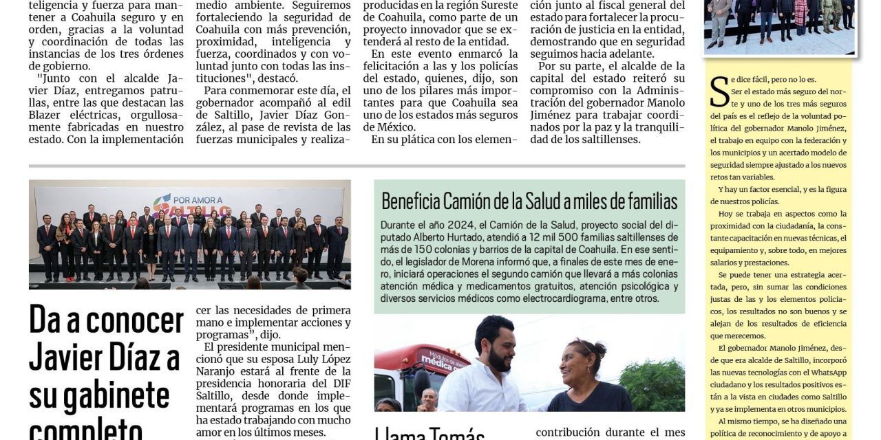 Portada RCG Media [3 de enero de 2025] Se mantiene a Coahuila seguro con voluntad y coordinación; da a conocer Javier Díaz a su gabinete completo y más…