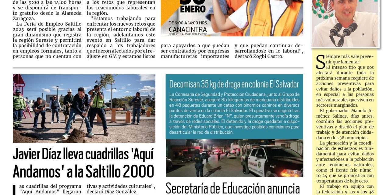 Portada RCG Media [19 de enero de 2025] Anuncian Feria del Empleo para la región Sureste; La gasolina sigue subiendo; Fortalecen relaciones Ramos Arizpe y la Canaco y más…