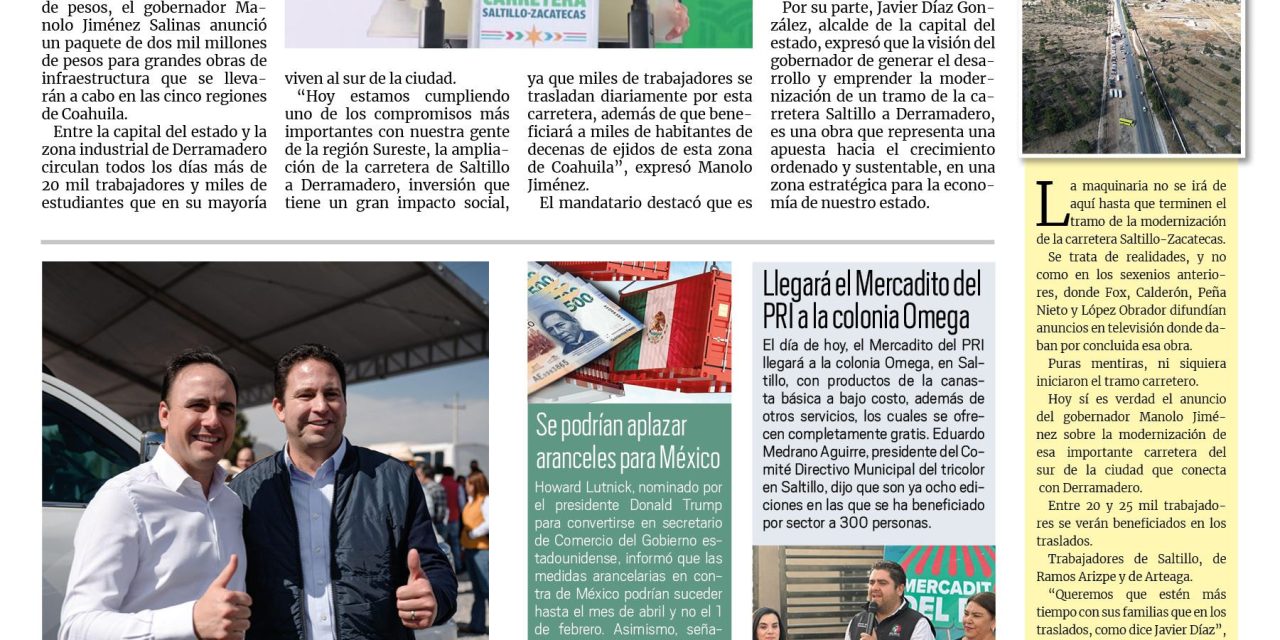 Portada RCG Media[30 de enero de 2025] Da inicio ampliación de la carretera Saltillo-Derramadero; vienen más obras para Saltillo: Javier Díaz y más…