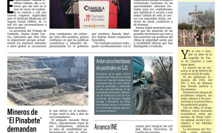 Portada RCG Carbonífera [09 de febrero de 2025] Coahuila registra más de 4 mil empleos nuevos; logran acuerdos tras toma pacífica de Simas en Nueva Rosita y más…