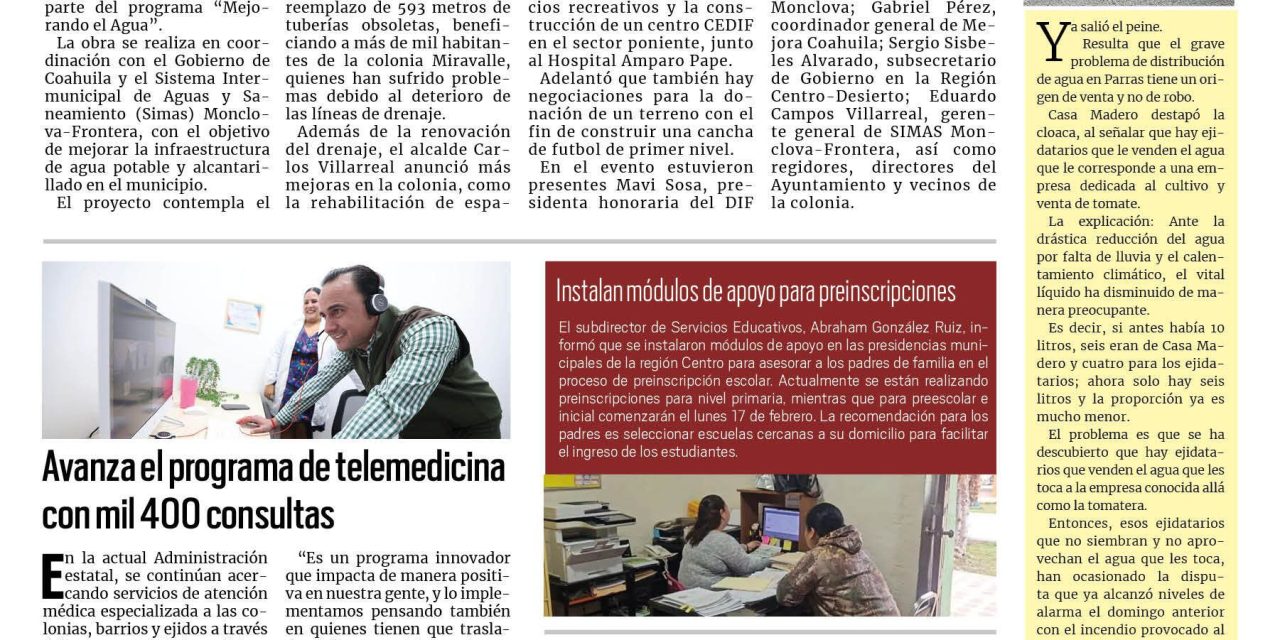Portada RCG Centro [15 de febrero de 2025] Arranca Carlos Villarreal obras de drenaje; avanza el programa de telemedicina con mil 400 consultas y más…