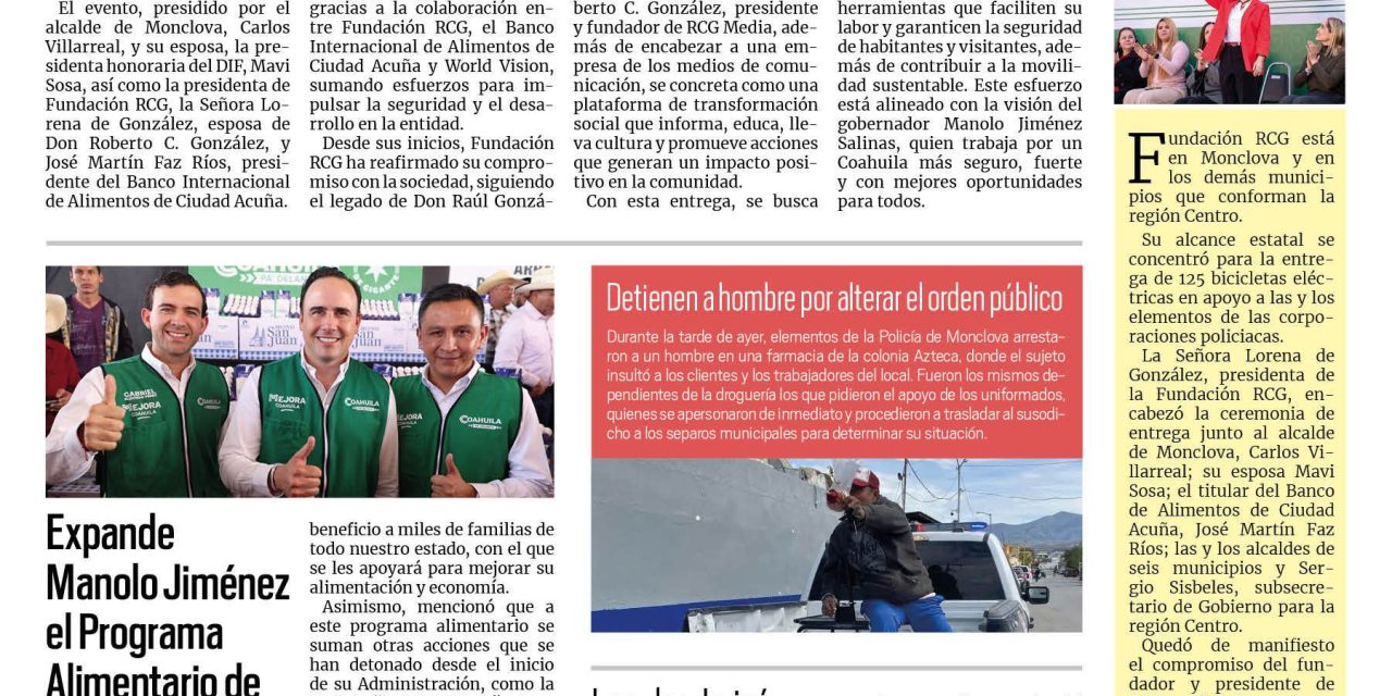 Portada RCG Centro [18 de febrero de 2025] Entrega Fundación RCG bicicletas eléctricas en la región Centro; sancionan a cuatro negocios por tomas clandestinas de agua y más…