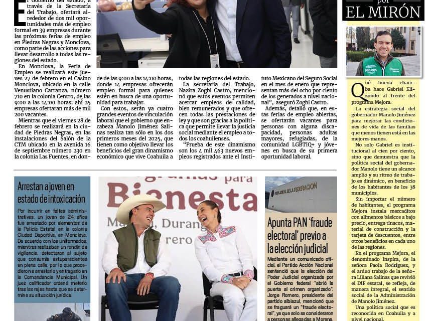 Portada RCG Centro [24 de febrero de 2025] Oferta Gobierno de Coahuila empleos en todas las regiones; respalda Carlos Villarreal a deportistas monclovenses  y más…