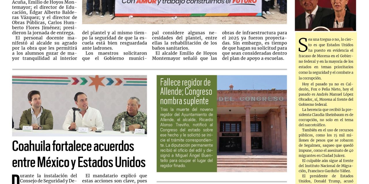 Portada RCG Fronteriza [05 de febrero de 2025]Entrega Emilio de Hoyos barda perimetral en escuela; avanza Acuña en mejoras de servicios y trámites municipales y más…