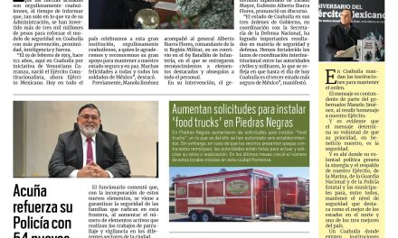 Portada RCG Fronteriza [20 de febrero de 2025] El Ejército Mexicano es orgullosamente coahuilense: Manolo Jiménez; Acuña refuerza su Policía con 54 nuevos elementos y más…