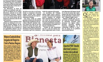 Portada RCG Fronteriza [24 de febrero de 2025] Oferta Gobierno de Coahuila empleos en todas las regiones; invita Simas Acuña a concurso sobre el cuidado del agua y más…