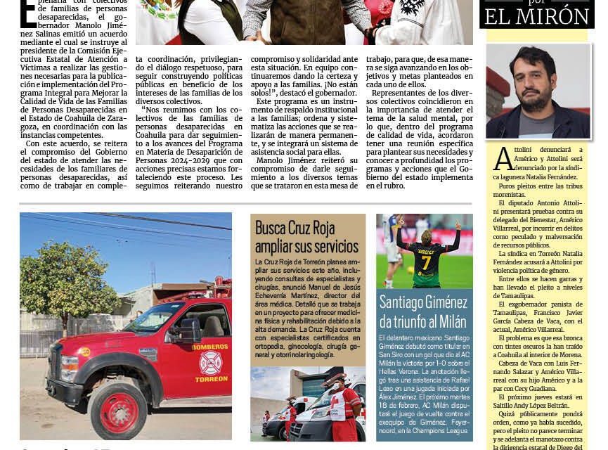 Portada RCG Lagunera [15 de febrero de 2025] Implementará Coahuila programa integral para familias de personas desaparecidas; Llevan pláticas para prevenir participación de menores en delitos y más…