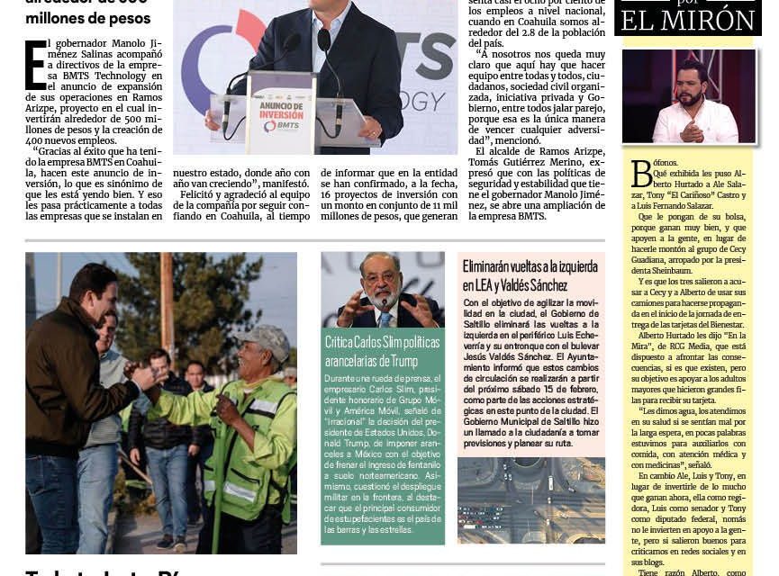 Portada RCG Media [11 de febrero de 2025] Llegan más inversiones y empleos a Coahuila; trabaja Javier Díaz en alumbrado público de Saltillo y más…