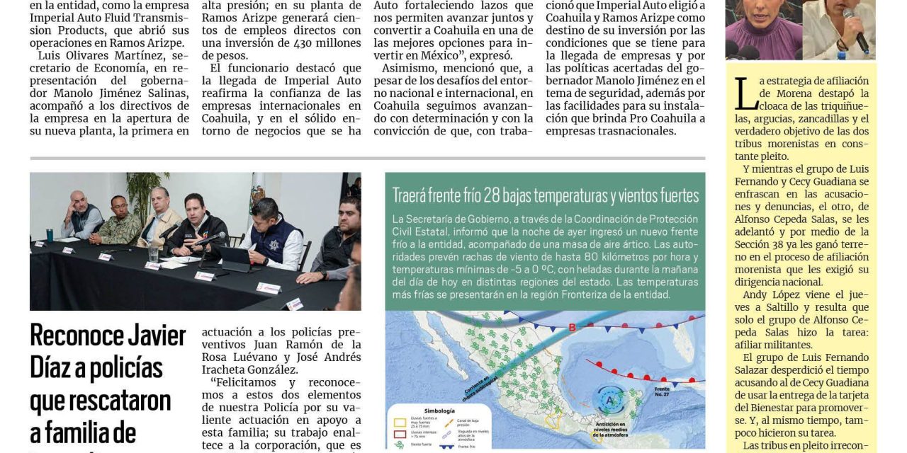 Portada RCG Media [19 de febrero de 2025] Inicia Coahuila el 2025 con más inversiones; reconoce Javier Díaz a policías que rescataron a familia de incendio y más…