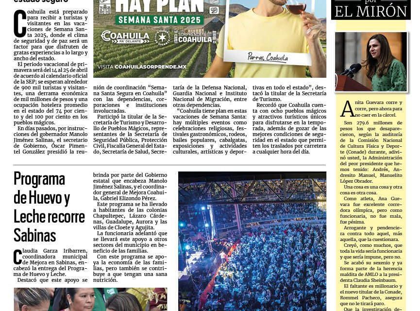 Portada RCG Carbonífera [30 de marzo de 2025] Coahuila, listo para recibir al turismo en Semana Santa; Múzquiz refuerza la seguridad y más…