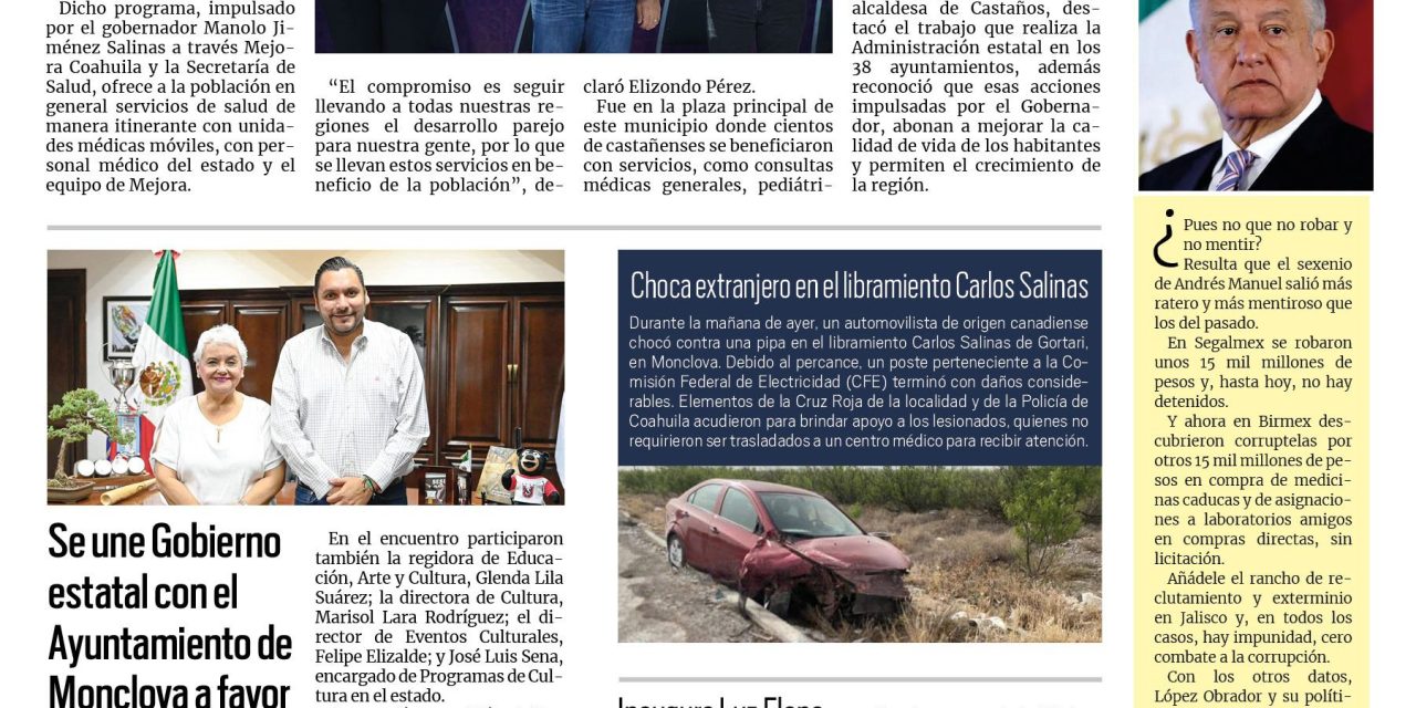 Portada RCG Centro [20 de marzo de 2025] Llega la caravana ‘Mejora en tu Salud’ a Castaños; se une Gobierno estatal con el Ayuntamiento de Monclova a favor de la cultura y más…