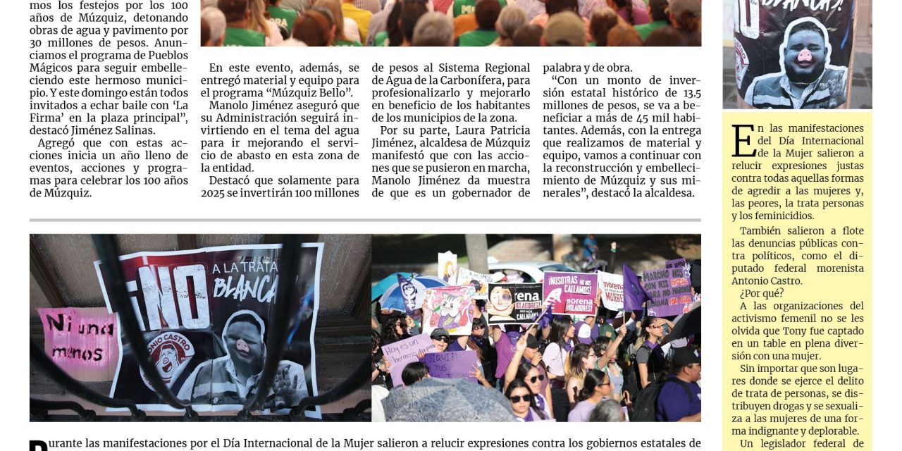Portada RCG Lagunera [9 de marzo de 2025] Arranca Manolo Jiménez los festejos del centenario de Múzquiz con obras; Clausuran dos bares en el Centro de Torreón y más…