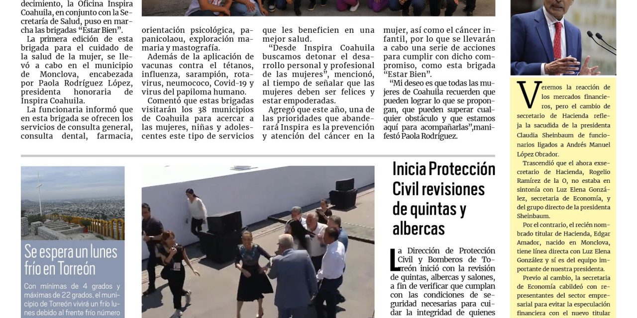 Portada RCG Lagunera [10 de marzo de 2025] Acerca Inspira Coahuila brigadas de salud para las mujeres; inicia Protección Civil revisiones de quintas y albercas y más…