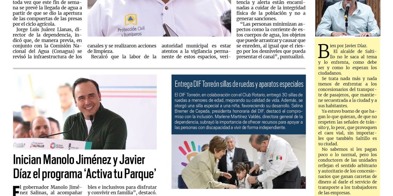 Portada RCG Lagunera [22 de marzo de 2025] Vigilarán canales de riego ante próxima llegada de agua; se suman más de 143 mil vehículos replaqueados en Torreón y más…
