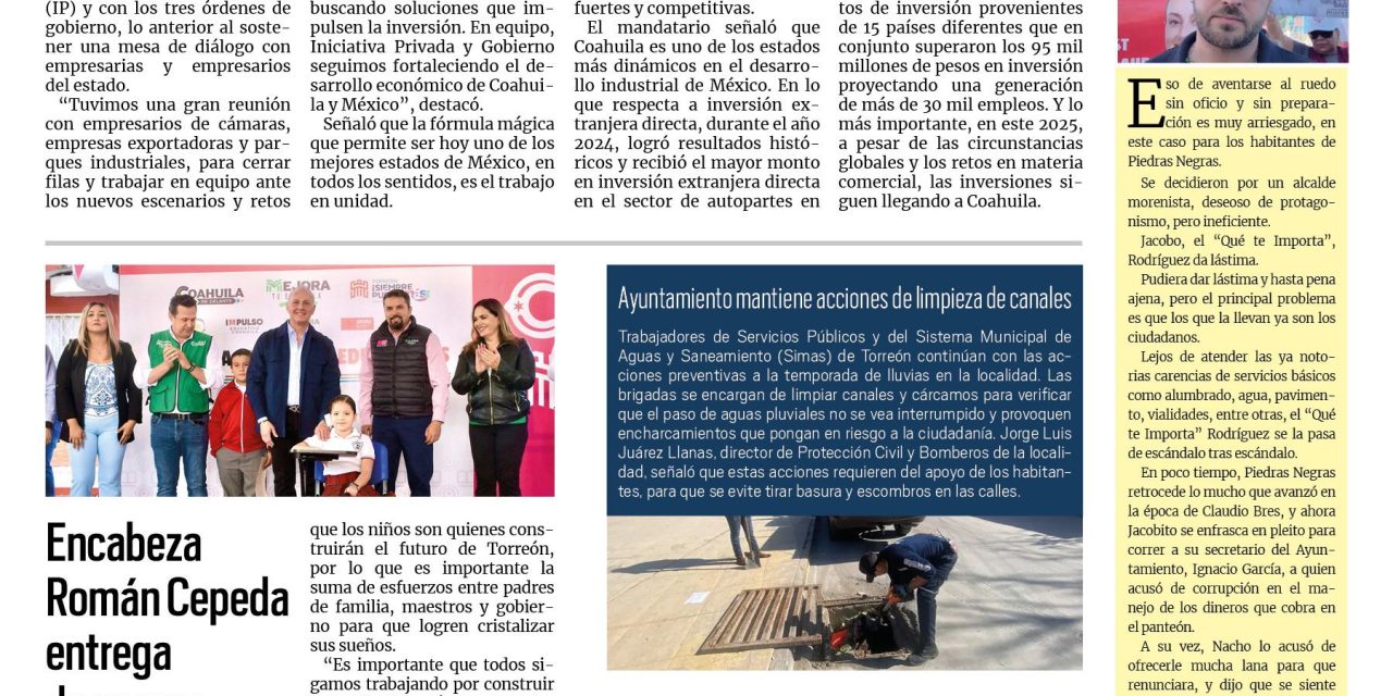 Portada RCG Lagunera [25 de marzo de 2025] Cierran filas IP y Gobierno de Coahuila ante acuerdos internacionales; encabeza Román Cepeda entrega de apoyos educativos y más…