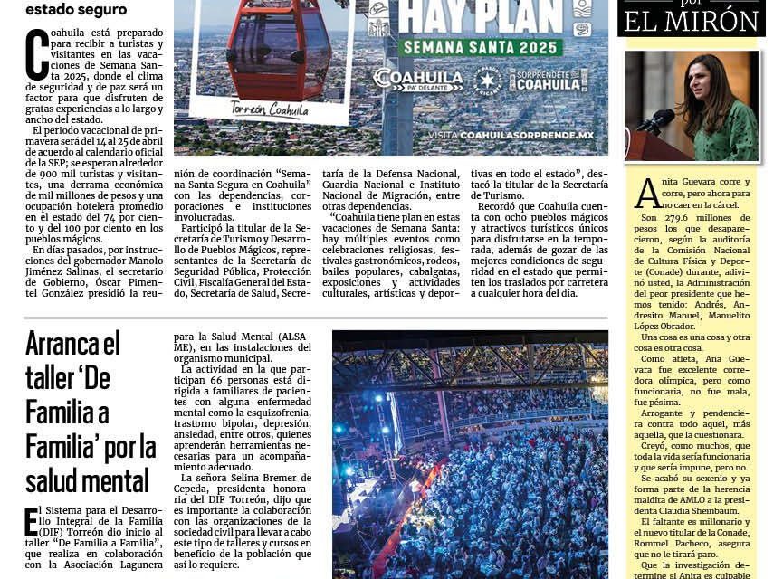 Portada RCG Lagunera [30 de marzo de 2025] Coahuila, listo para recibir al turismo en Semana Santa; Radio Torreón lanza concurso de canto infantil y más…