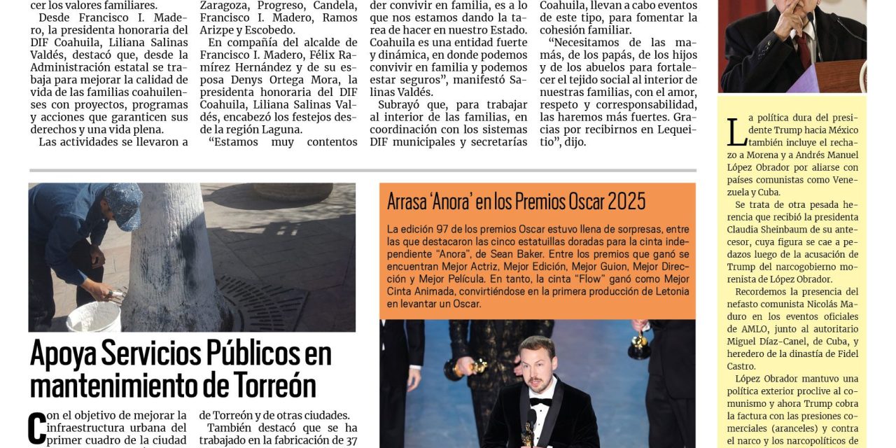 Portada RCG Lagunera [03 de marzo de 2025] Trabaja DIF Coahuila para fortalecer el núcleo familiar; apoyan Servicios Públicos en labores de mantenimiento en Torreón y más…
