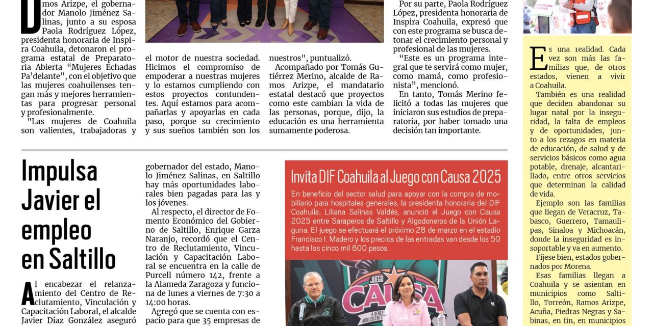 Portada RCG Media [07 de marzo de 2025] Dan inicio al programa de Preparatoria Abierta ‘Mujeres Echadas Pa’delante’; impulsa Javier el empleo en Saltillo y más…
