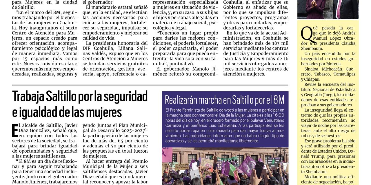 Portada RCG Media [08 de marzo de 2025] Manolo Jiménez cuida, fortalece y empodera a las coahuilenses; inician verificaciones vehiculares en Ramos Arizpe y más…