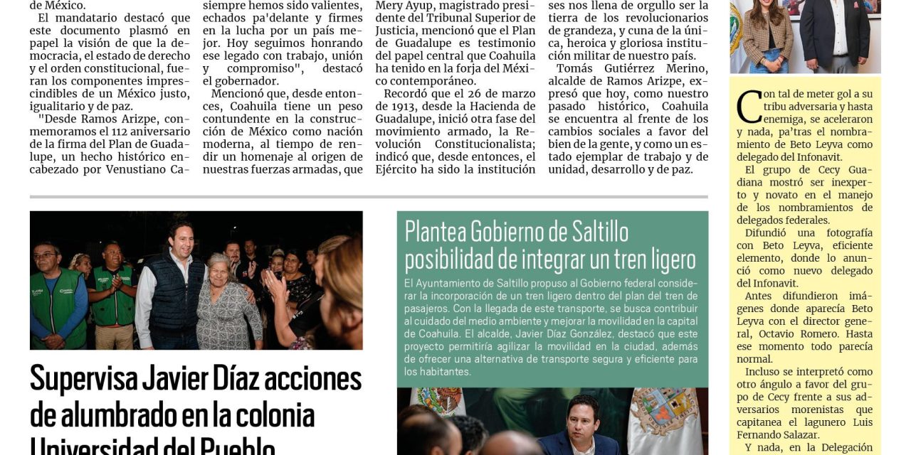 Portada RCG Media [27 de marzo de 2025] Conmemoran aniversario 112 de la firma del Plan de Guadalupe; supervisa Javier Díaz acciones de alumbrado en la colonia Universidad Pueblo y más…