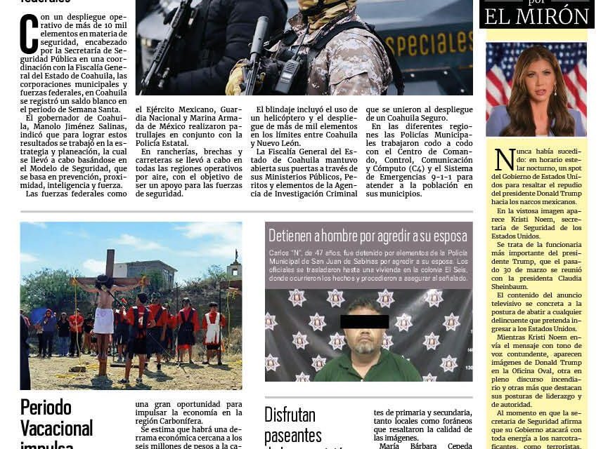 Portada RCG Carbonífera [21 de abril de 2025] Apuntan saldo blanco en Coahuila durante Semana Santa; periodo vacacional impulsa economía de la región y más…