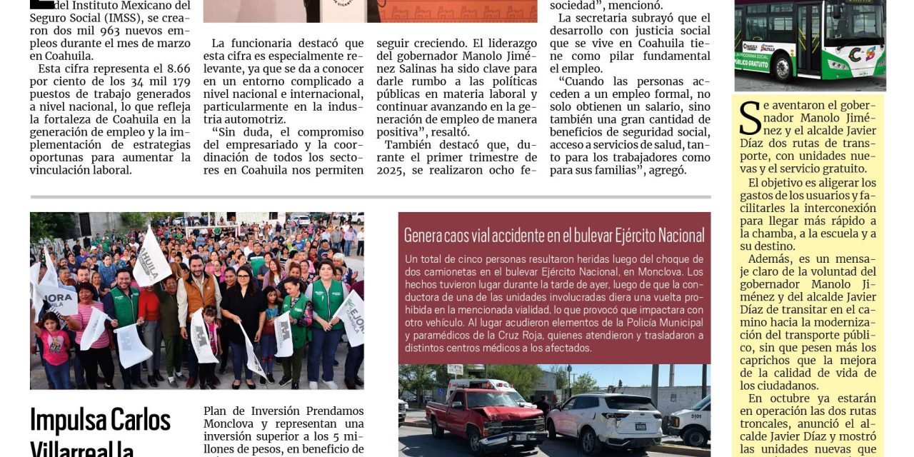 Portada RCG Centro [9 de abril de 2025] Al alza el empleo formal en todo Coahuila; impulsa Carlos Villarreal la rehabilitación de espacios deportivos y más…