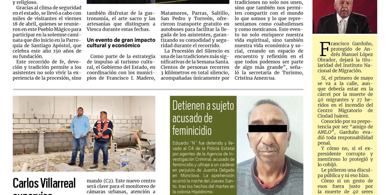 Portada RCG Centro [19 de abril de 2025] Se consolida Coahuila como destino de turismo religioso; es Frontera un destino gastronómico lleno de tradición y sabor y más…