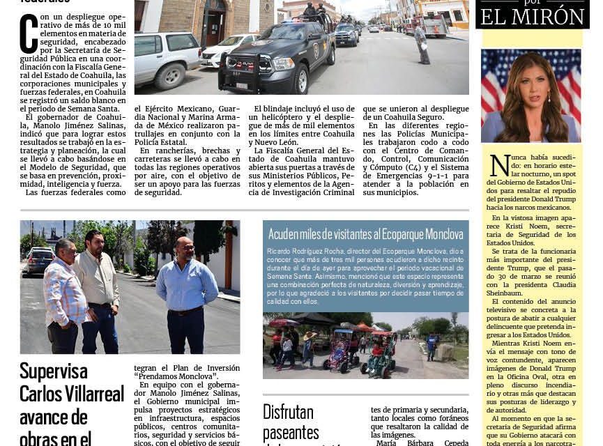 Portada RCG Centro [21 de abril de 2025] Apuntan saldo blanco en Coahuila durante Semana Santa; supervisa Carlos Villarreal avance de obras en el municipio y más…