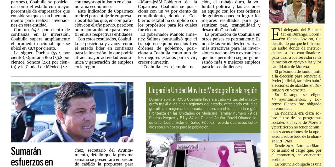 Portada RCG Fronteriza [5 de abril de 2025] Encabeza Coahuila entidades predilectas para invertir en México; sumarán esfuerzos en Acuña para reducir índices de suicidio y más…