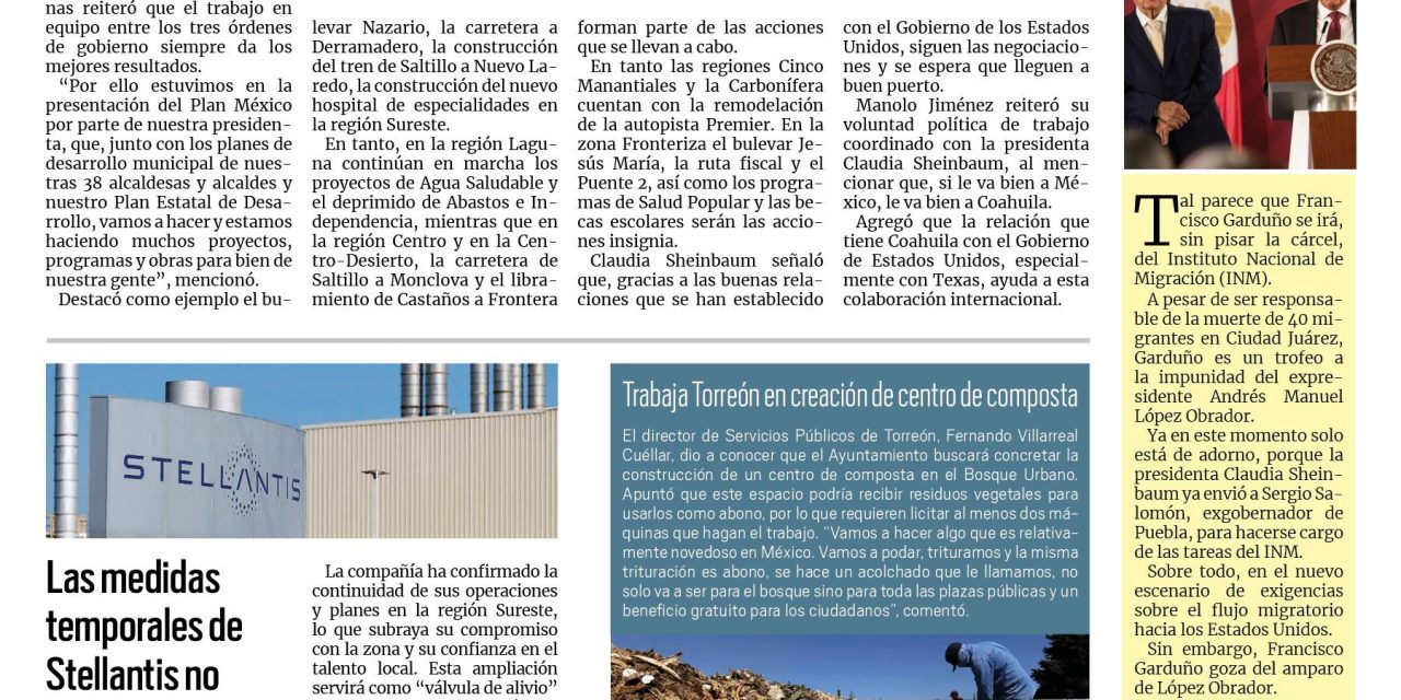 Portada RCG Lagunera [4 de abril de 2025] Trabajan los tres órdenes de gobierno a favor de Coahuila; asegura Simas Torreón abasto de agua para el año en curso y más…