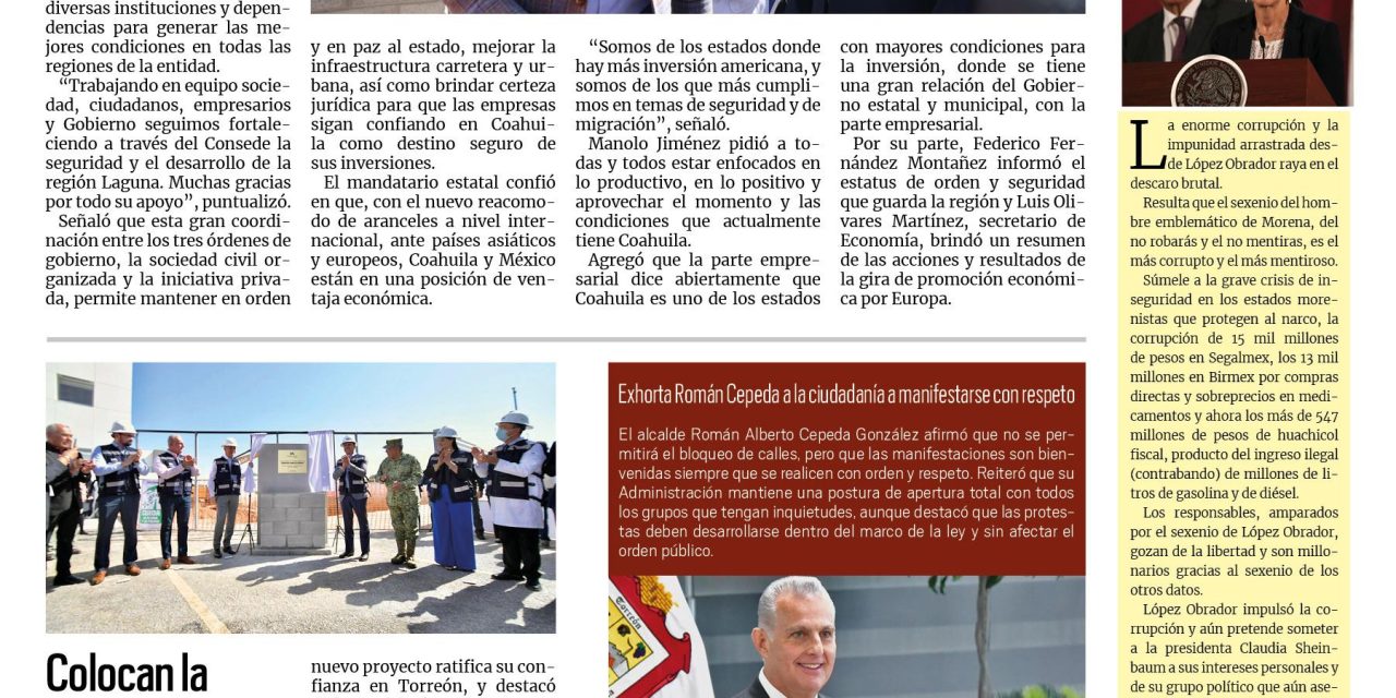 Portada RCG Lagunera [11 de abril de 2025] Genera Coahuila las mejores condiciones para recibir inversiones; buscará Simas Torreón cumplir con abasto de agua en toda la ciudad y más…