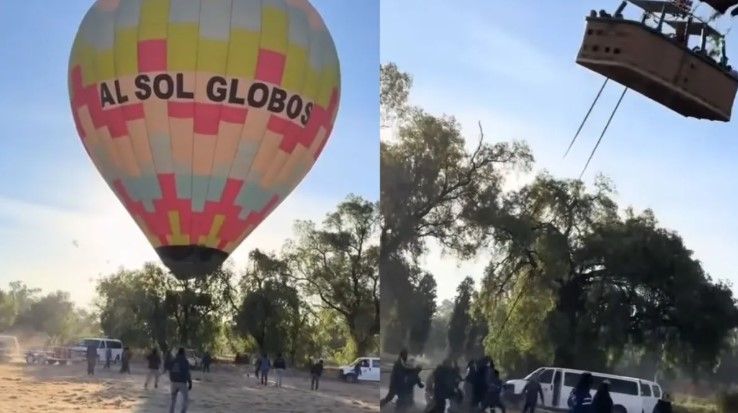 Globo aerostático se eleva sin control en Teotihuacán y arrastra a varios hombres