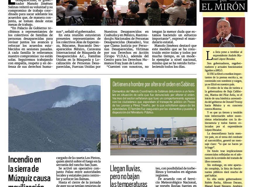 Portada RCG Carbonífera [18 de mayo de 2025] Coahuila reitera su compromiso con familias de personas desaparecidas; Rehabilitan caminos rurales y estanques de agua en Agujita y más…