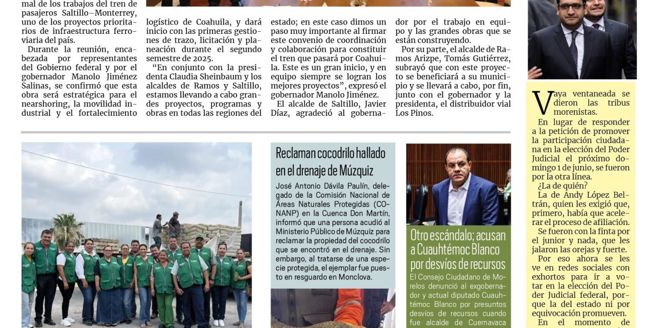 Portada RCG Carbonífera [22 de mayo de 2025] Vamos a construir el tren que pasará por Coahuila: Manolo Jiménez; Mejora Coahuila entrega cemento a bajo costo en Sabinas y más…