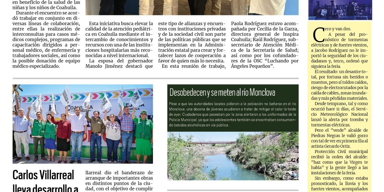 Portada RCG Centro [19 de mayo de 2025] Inspira Coahuila establece alianza con el Texas Children’s Hospital; Carlos Villarreal lleva desarrollo a todo Monclova y más…
