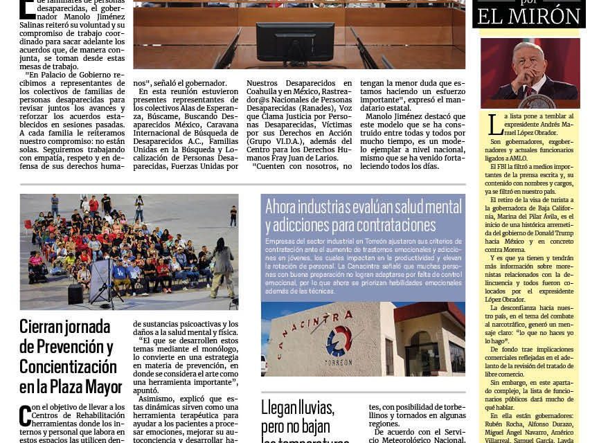 Portada RCG Lagunera [18 de mayo de 2025] Coahuila reitera su compromiso con familias de personas desaparecidas; Maestros decidirán su imparten clases en línea ante ola de calor y más…