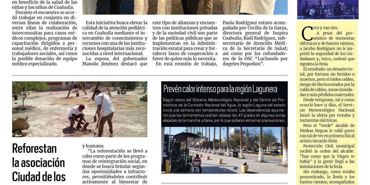 Portada RCG Lagunera [19 de mayo de 2025] Inspira Coahuila establece alianza con el Texas Children’s Hospital; reforestan la asociación Ciudad de los Niños y más…
