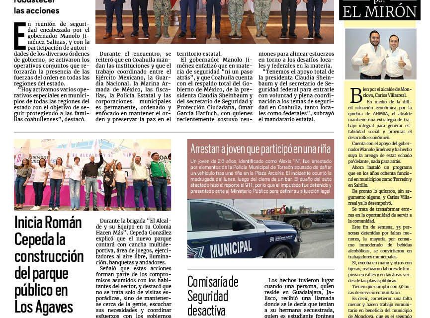 Portada RCG Lagunera [27 de mayo de 2025] Activan operativos para fortalecer la seguridad de Coahuila; inicia Román Cepeda la construcción del parque público en Los Agaves y más…