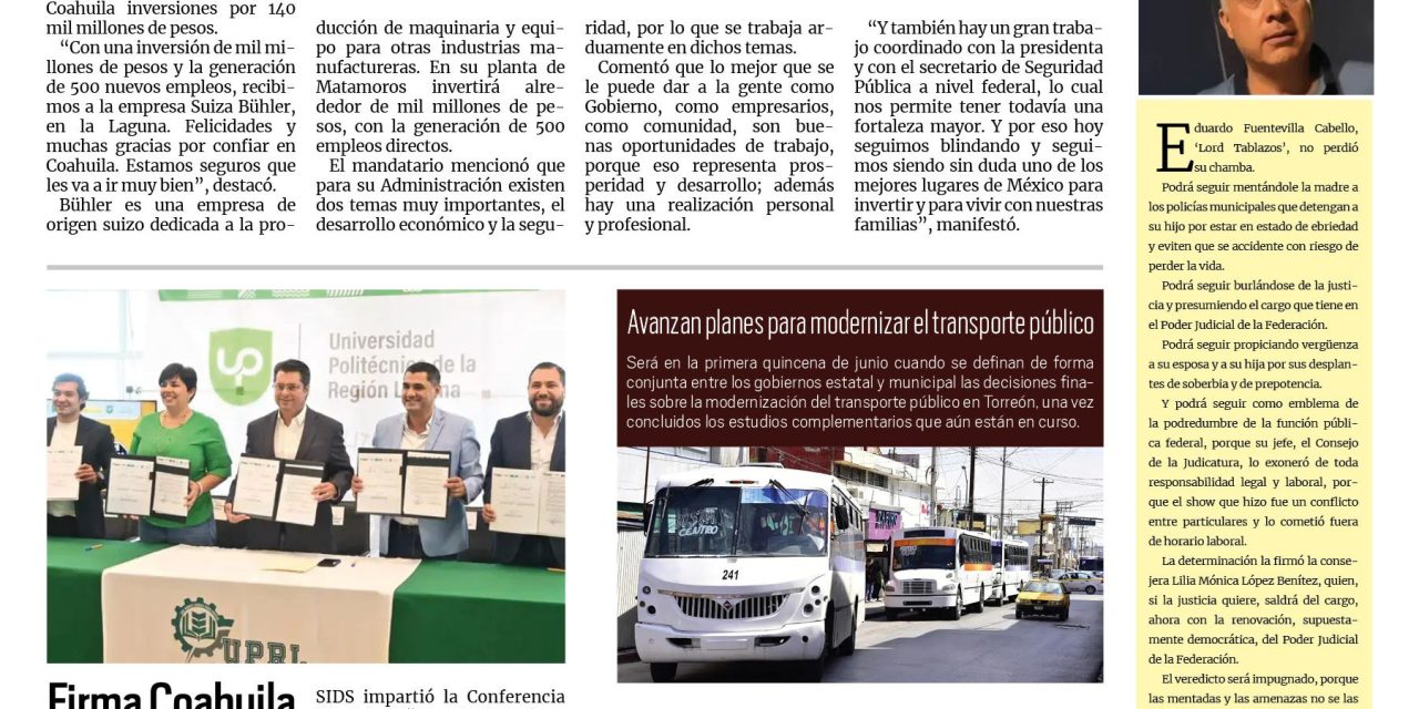 Portada RCG Lagunera [28 de mayo de 2025] Coloca Manolo Jiménez la primera piedra de Bühler; firma Coahuila convenio con la Universidad Politécnica de la Lagun  y más…