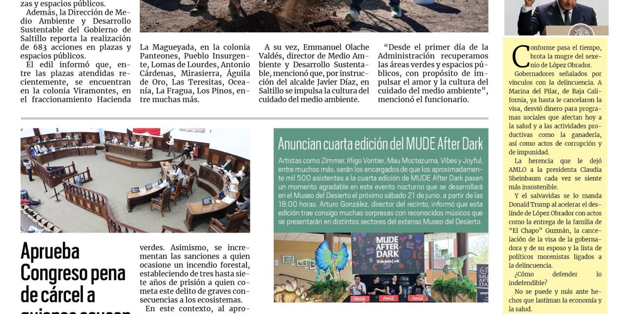 Portada RCG Media [14 de mayo de 2025] Reforesta Javier Díaz áreas verdes y plazas públicas; aprueba Congreso pena de cárcel a quienes causen incendios y más…