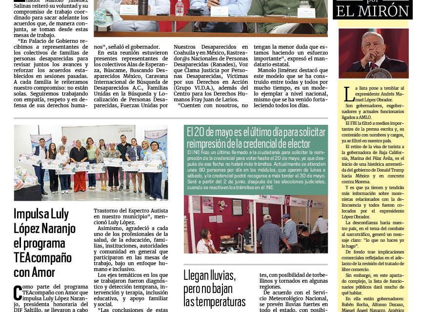 Portada RCG Media [18 de mayo de 2025] Coahuila reitera su compromiso con familias de personas desaparecidas; Entregan gallinas en ejidos para autoconsumo y venta de huevo y más…