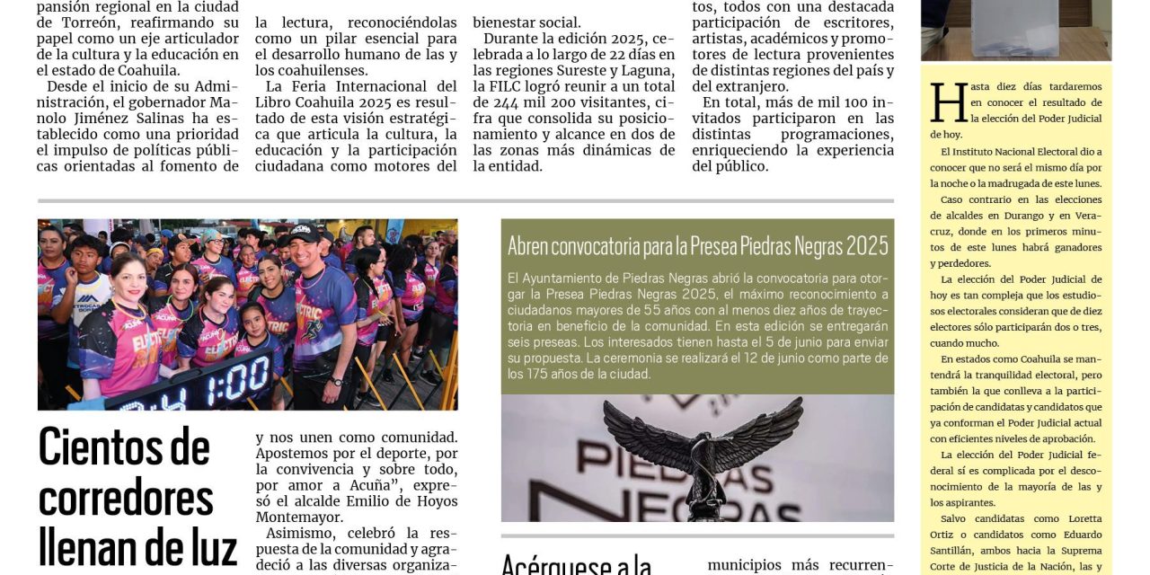 Portada RCG Fronteriza [1 de junio de 2025] FILC 2025 demuestra que en Coahuila leer es de gigantes; Aprueba Cabildo de Acuña nuevo fraccionamiento y más…