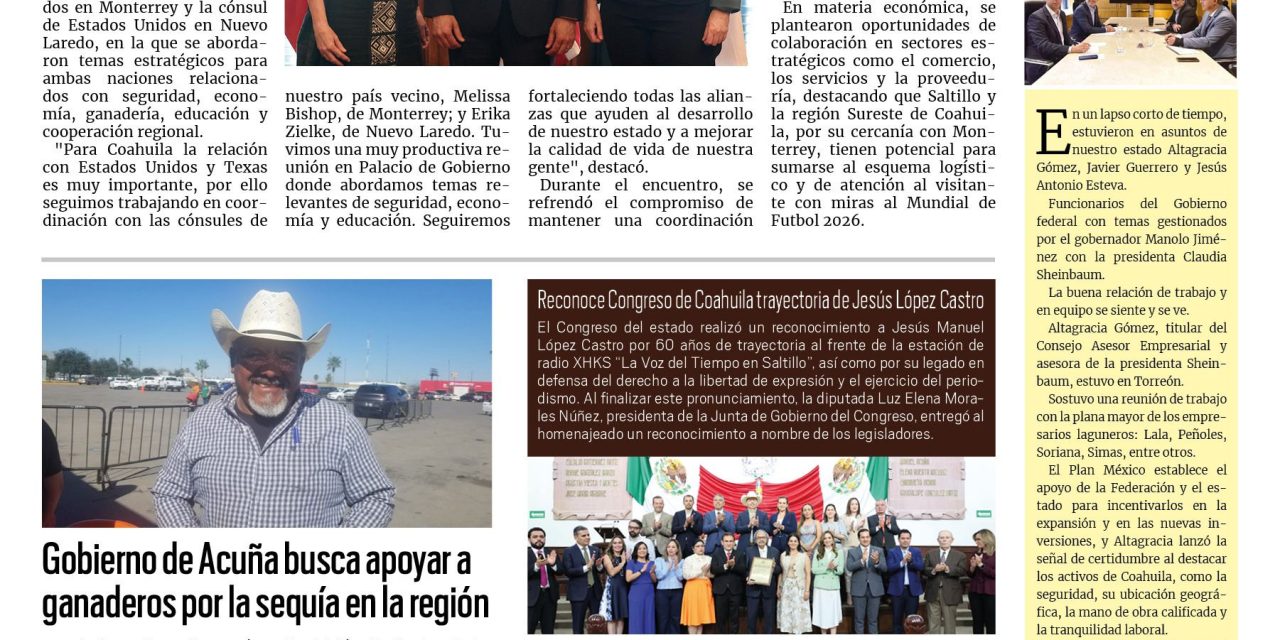 Portada RCG Fronteriza [18 de junio de 2025] Coahuila fortalece su relación con Estados Unidos; Gobierno de Acuña busca apoyar a ganaderos por la sequía en la región y más…