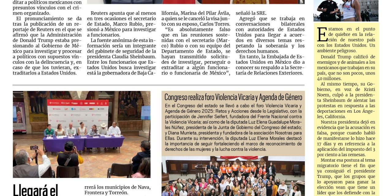 Portada RCG Lagunera [12 de junio de 2025] Niega SRE presiones de EE. UU. para investigar a funcionarios; llegará el Dr. Vagón por segunda ocasión a Coahuila y más…