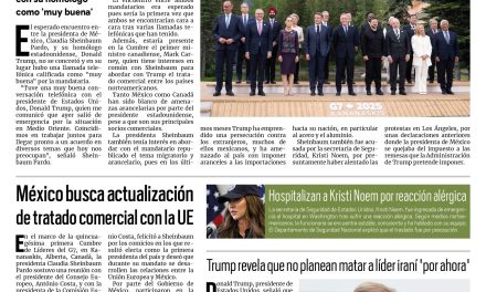 Portada RCG Nacional e Internacional [18 de junio de 2025] No hubo encuentro, pero sí llamada entre Sheinbaum y Trump; México busca actualización de tratado comercial con la UE y más…