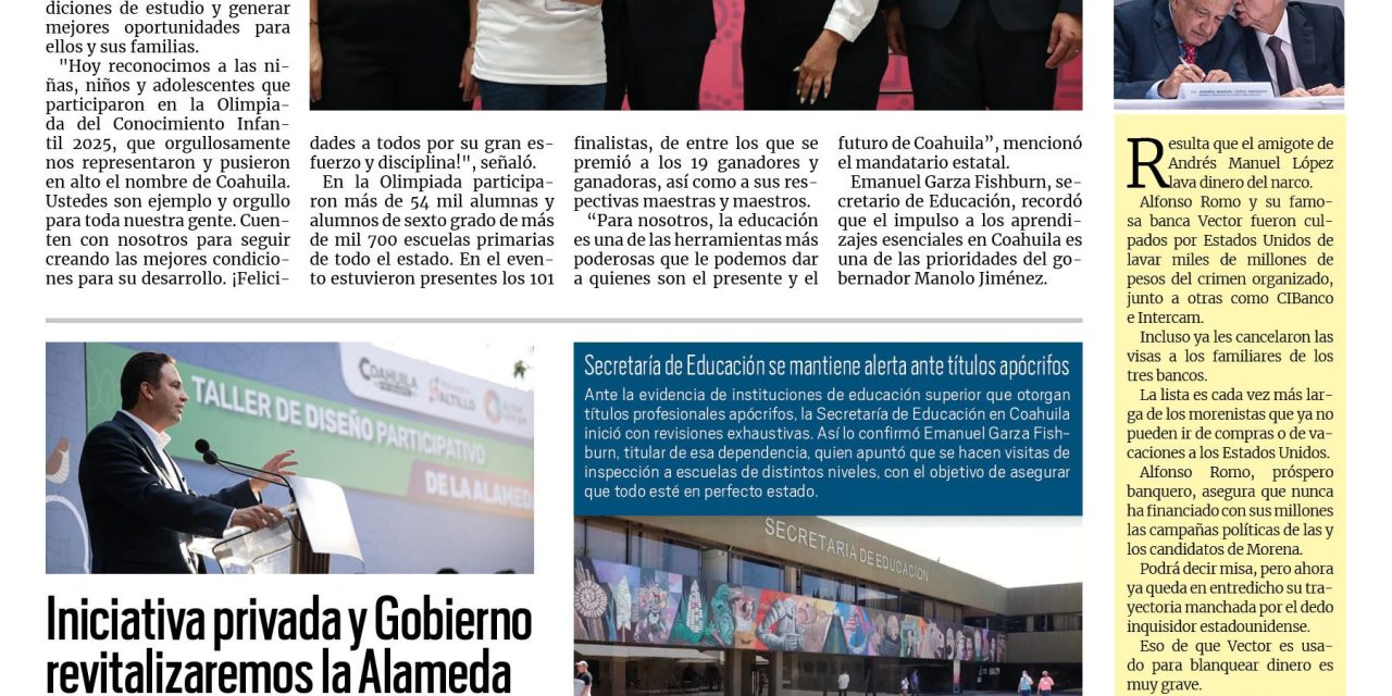 Portada RCG Media [27 de junio de 2025] Manolo Jiménez entrega premios a ganadores de la Olimpiada del Conocimiento; iniciativa privada y Gobierno revitalizaremos la Alameda Zaragoza: Javier Díaz y más…