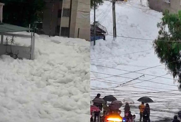 Se desborda río en Edomex y deja una misteriosa espuma blanca por las calles