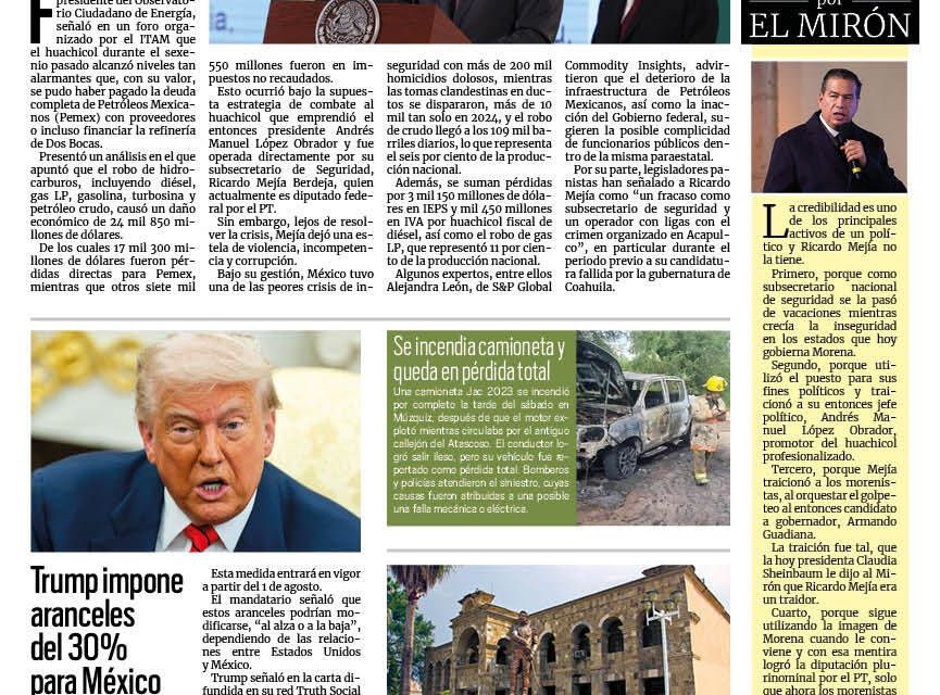 Portada RCG Carbonífera [13 de julio de 2025] Huachicol en el sexenio de AMLO alcanzaría para pagar deuda de Pemex; Celebran el Día del Minero en Villa de Palaú y más…