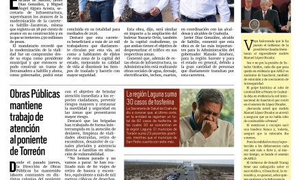 Portada RCG Lagunera [9 de julio de 2025] Avanzan las obras de infraestructura en Coahuila; obras Públicas mantiene trabajo de atención al poniente de Torreón y más…