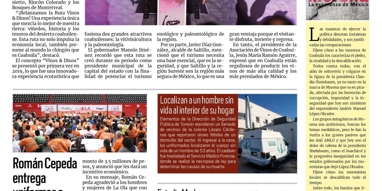 Portada RCG Lagunera [15 de julio de 2025] Vamos a posicionar a Coahuila como un gran destino turístico: Manolo Jiménez; Román Cepeda entrega uniformes a trabajadores de La Ola y más…